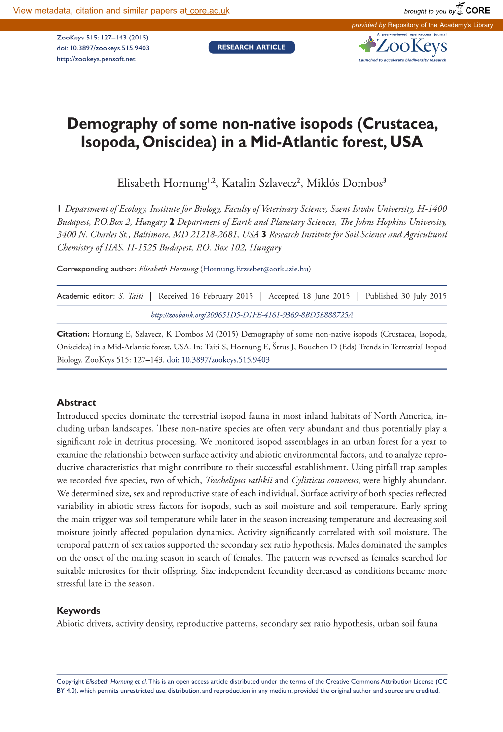 Demography of Some Non-Native Isopods (Crustacea, Isopoda, Oniscidea) in a Mid-Atlantic Forest, USA