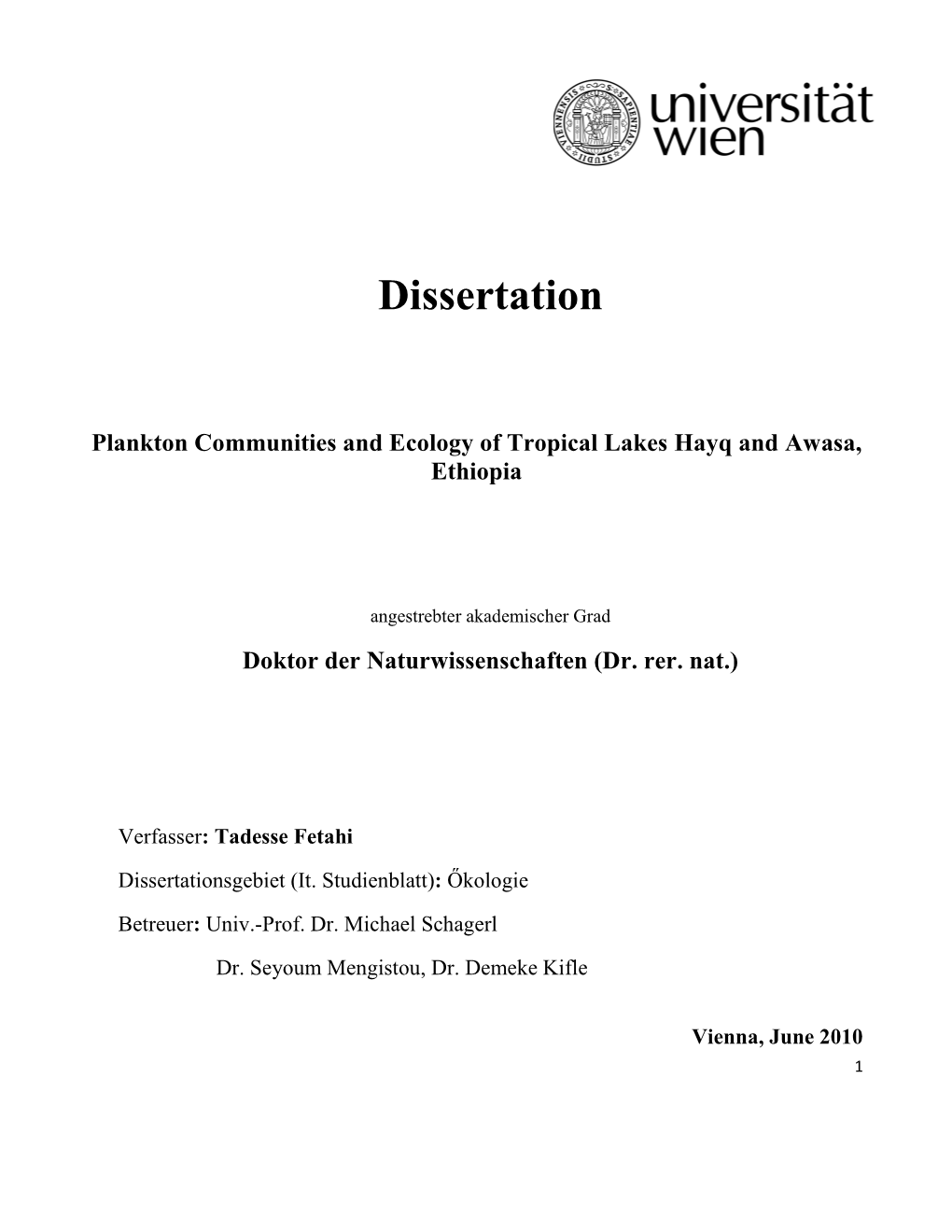 Dissertation Plankton Communities and Ecology of Tropical Lakes