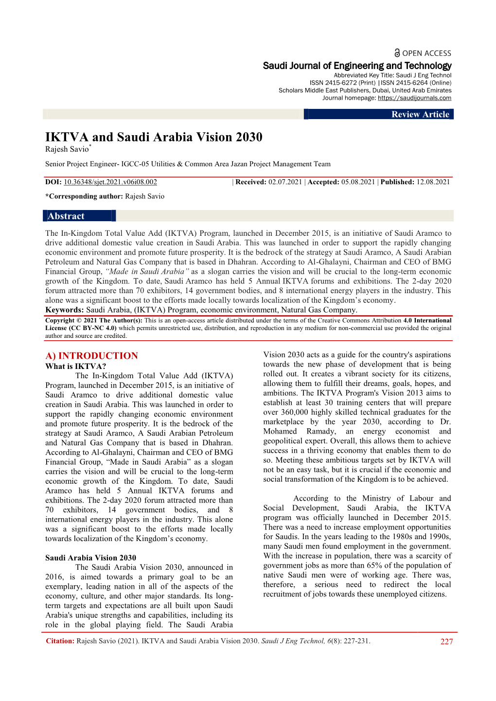 IKTVA and Saudi Arabia Vision 2030 Rajesh Savio*