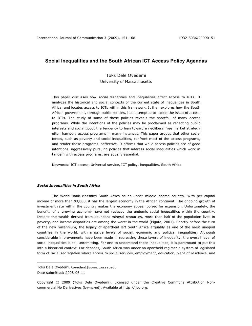 Social Inequalities and the South African ICT Access Policy Agendas