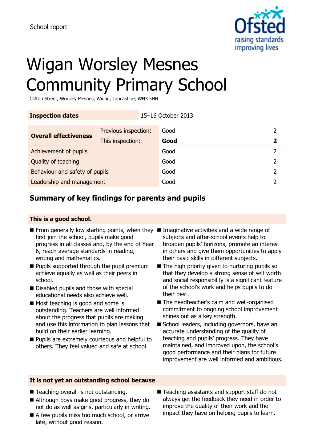 Wigan Worsley Mesnes Community Primary School Clifton Street, Worsley Mesnes, Wigan, Lancashire, WN3 5HN