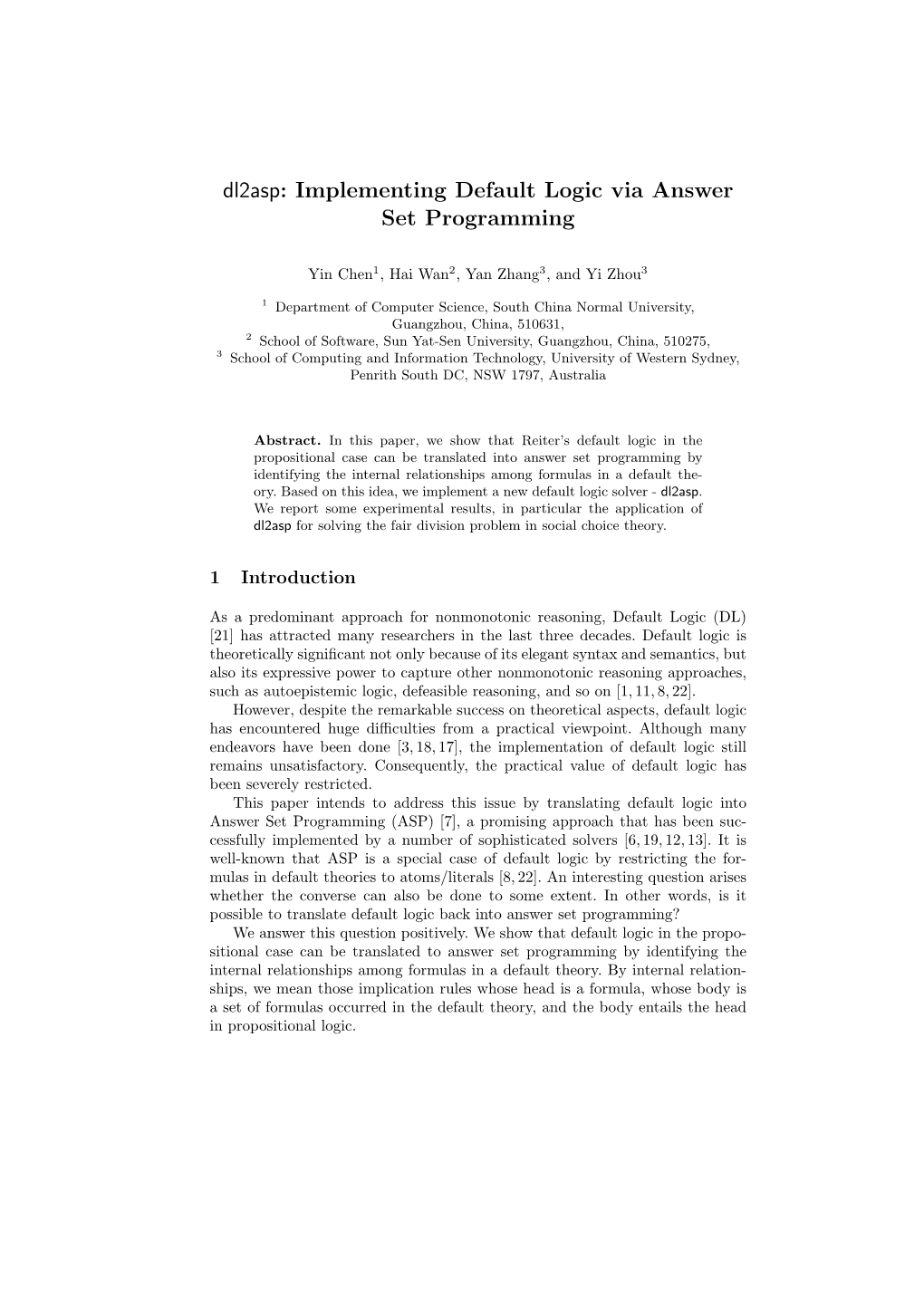 Dl2asp: Implementing Default Logic Via Answer Set Programming