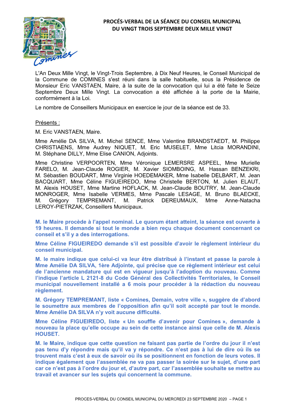 Procés-Verbal De La Séance Du Conseil Municipal Du Vingt Trois Septembre Deux Mille Vingt