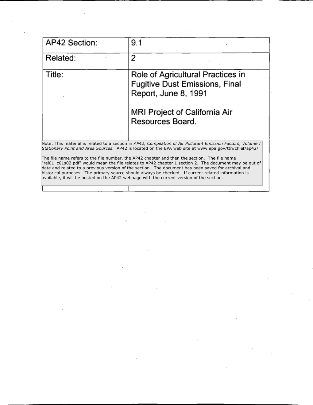 9.1 2 Role of Agricultural Practices in Fugitive Dust Emissions, Final Tte Report, June 8,1991 MRI Project of California Air Resources Board