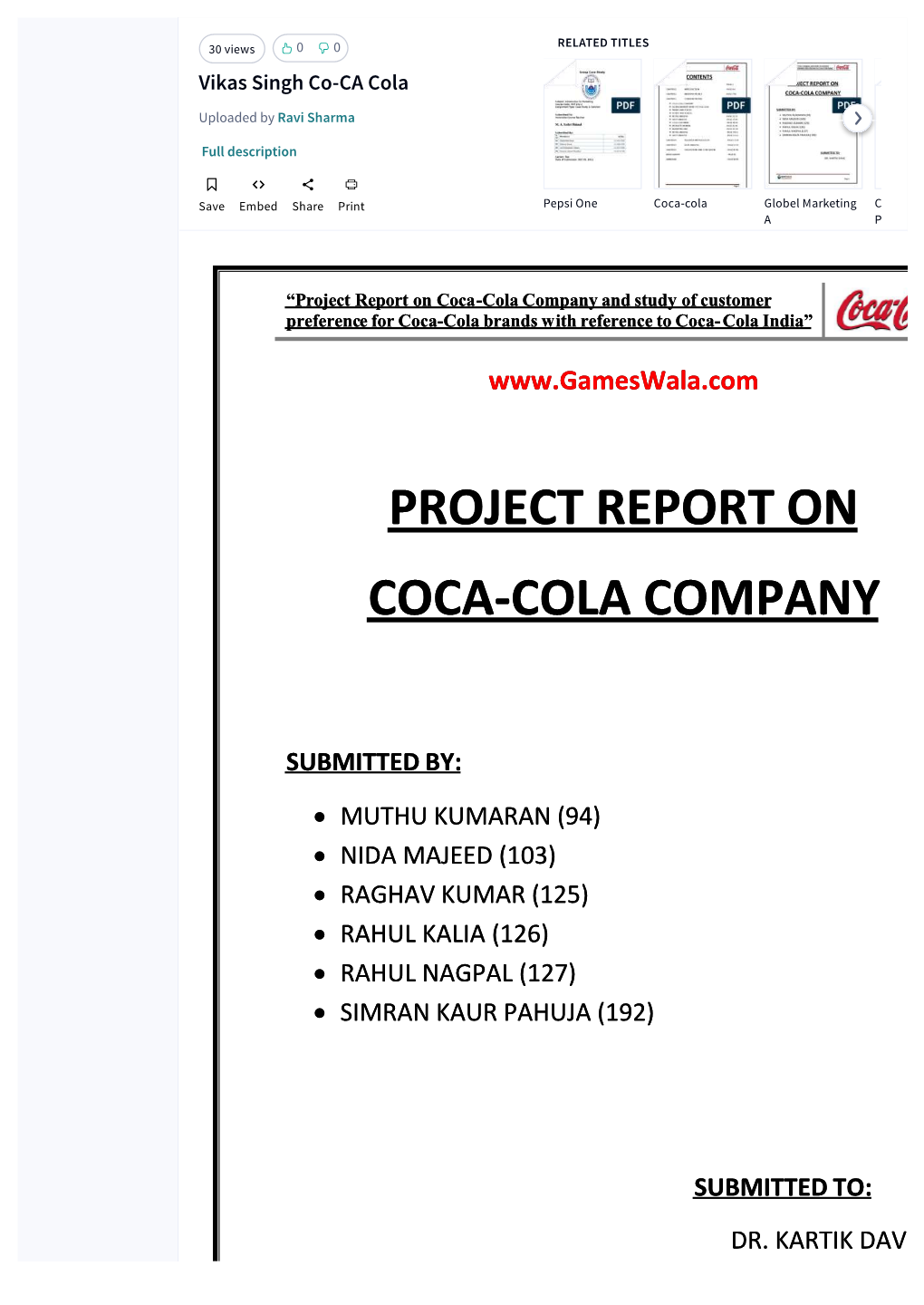 Project Report on Coca-Cola Company and Study of Customer Preference for Coca-Cola Brands with Reference to Coca-Cola India”