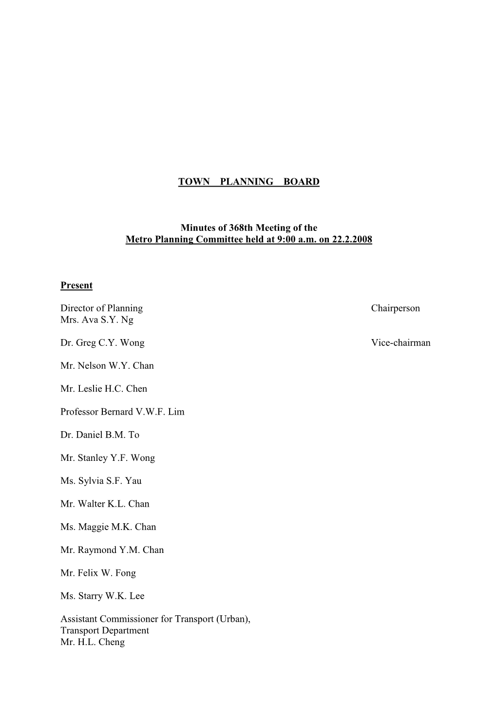 TOWN PLANNING BOARD Minutes of 368Th Meeting of the Metro Planning Committee Held at 9:00 A.M. on 22.2.2008 Present Director O