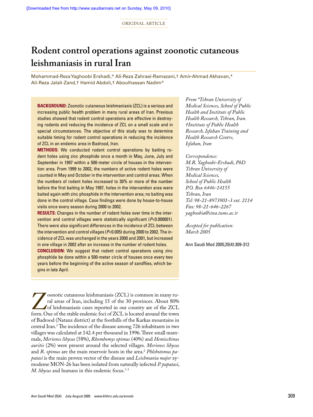 Rodent Control Operations Against Zoonotic Cutaneous Leishmaniasis