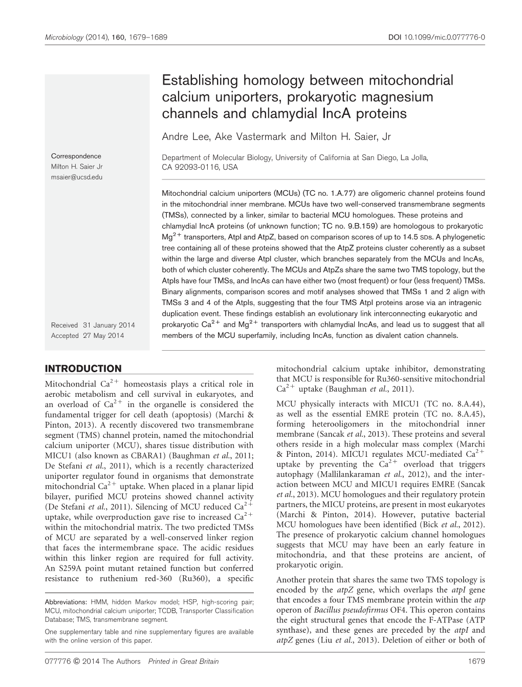 Establishing Homology Between Mitochondrial Calcium Uniporters, Prokaryotic Magnesium Channels and Chlamydial Inca Proteins