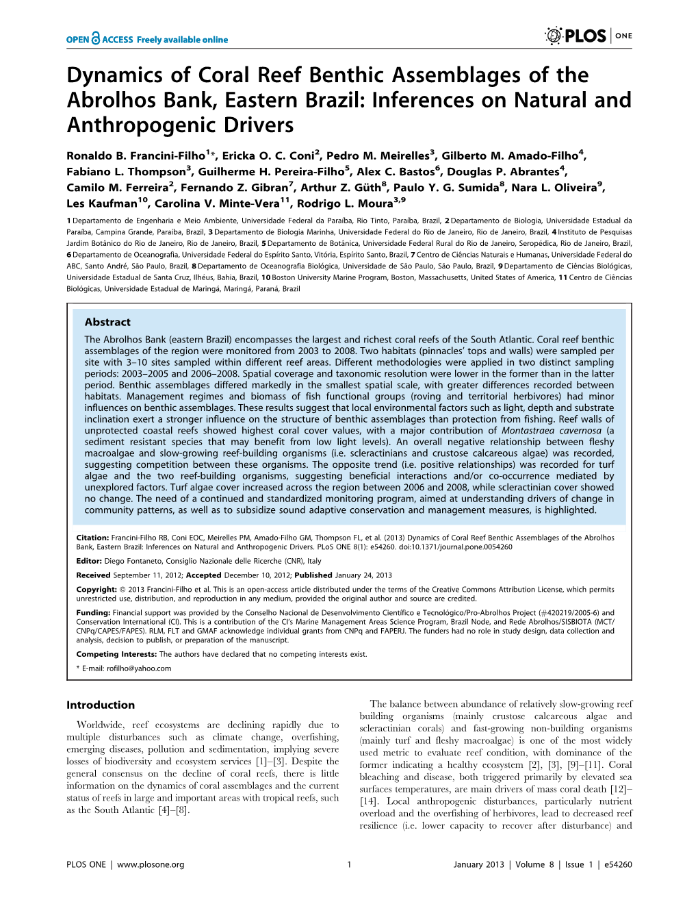 Dynamics of Coral Reef Benthic Assemblages of the Abrolhos Bank, Eastern Brazil: Inferences on Natural and Anthropogenic Drivers