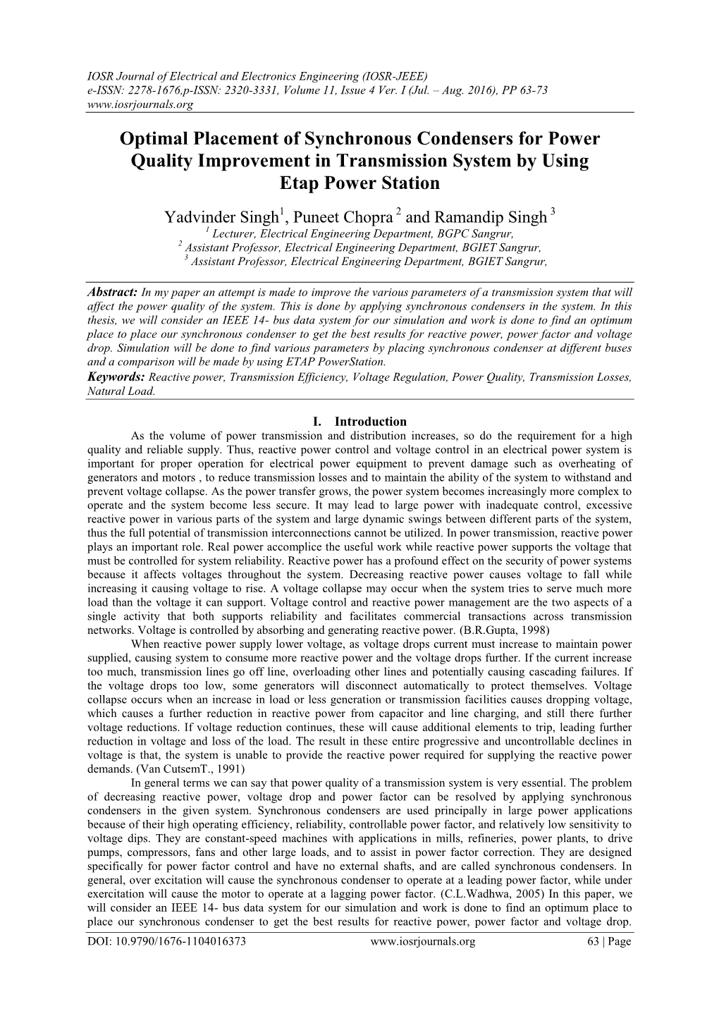 Optimal Placement of Synchronous Condensers for Power Quality Improvement in Transmission System by Using Etap Power Station