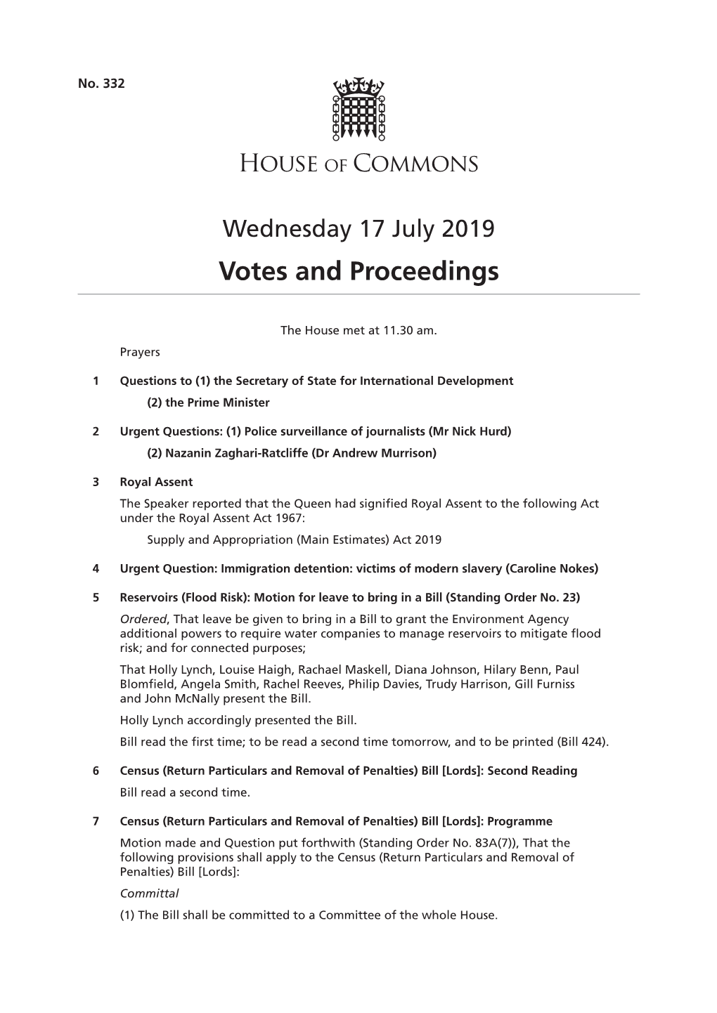 17 July 2019 Votes and Proceedings