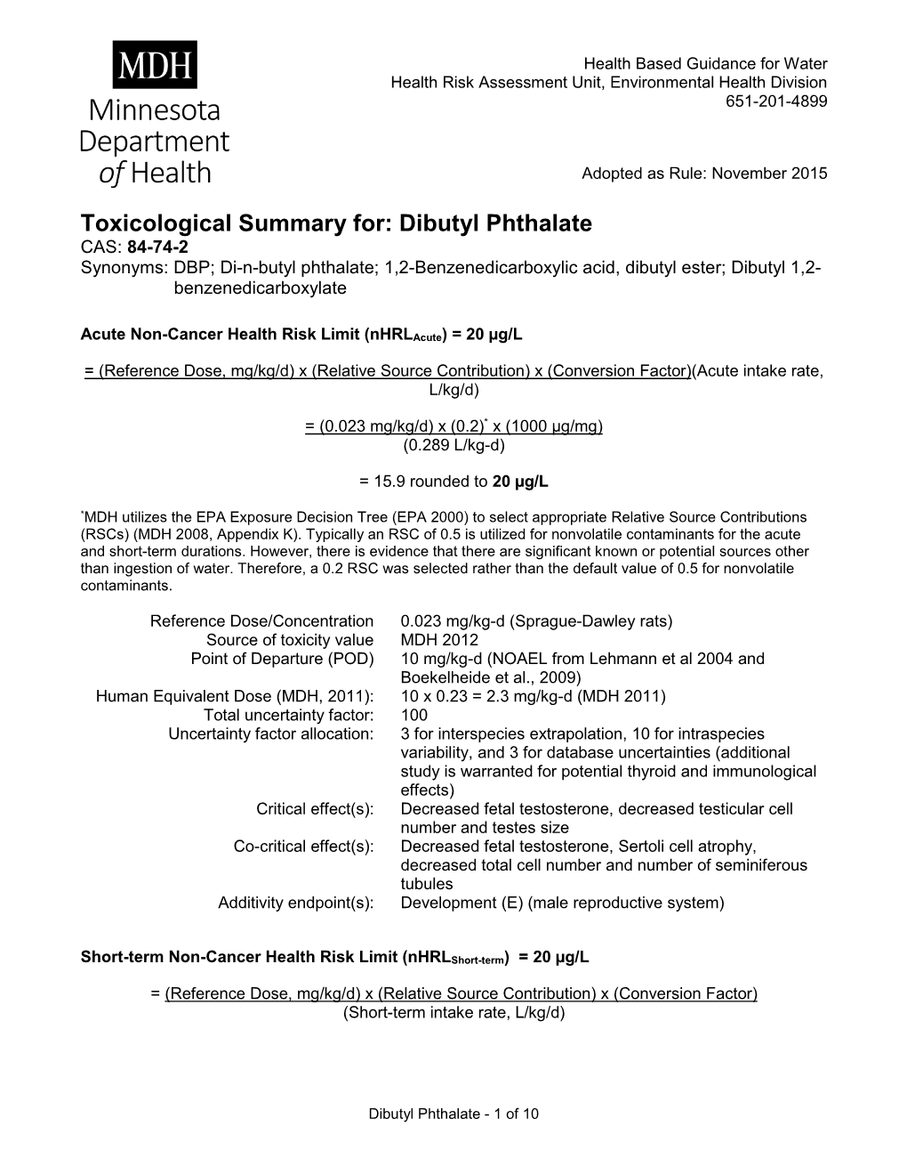 Toxicological Summary for Dibutyl Phthalate