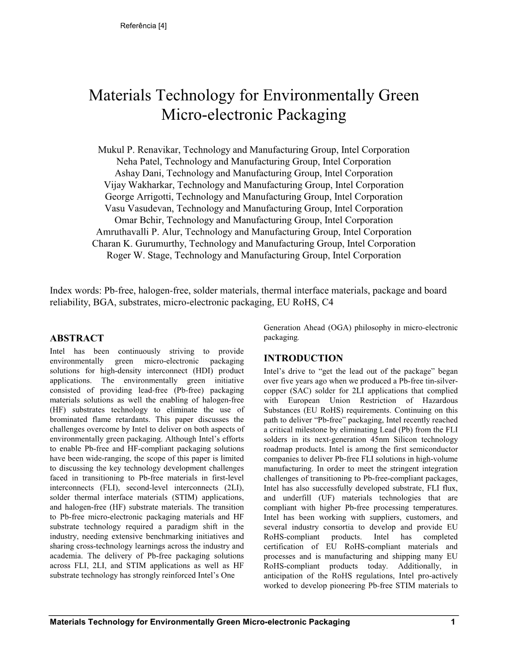 Materials Technology for Environmentally Green Micro-Electronic Packaging