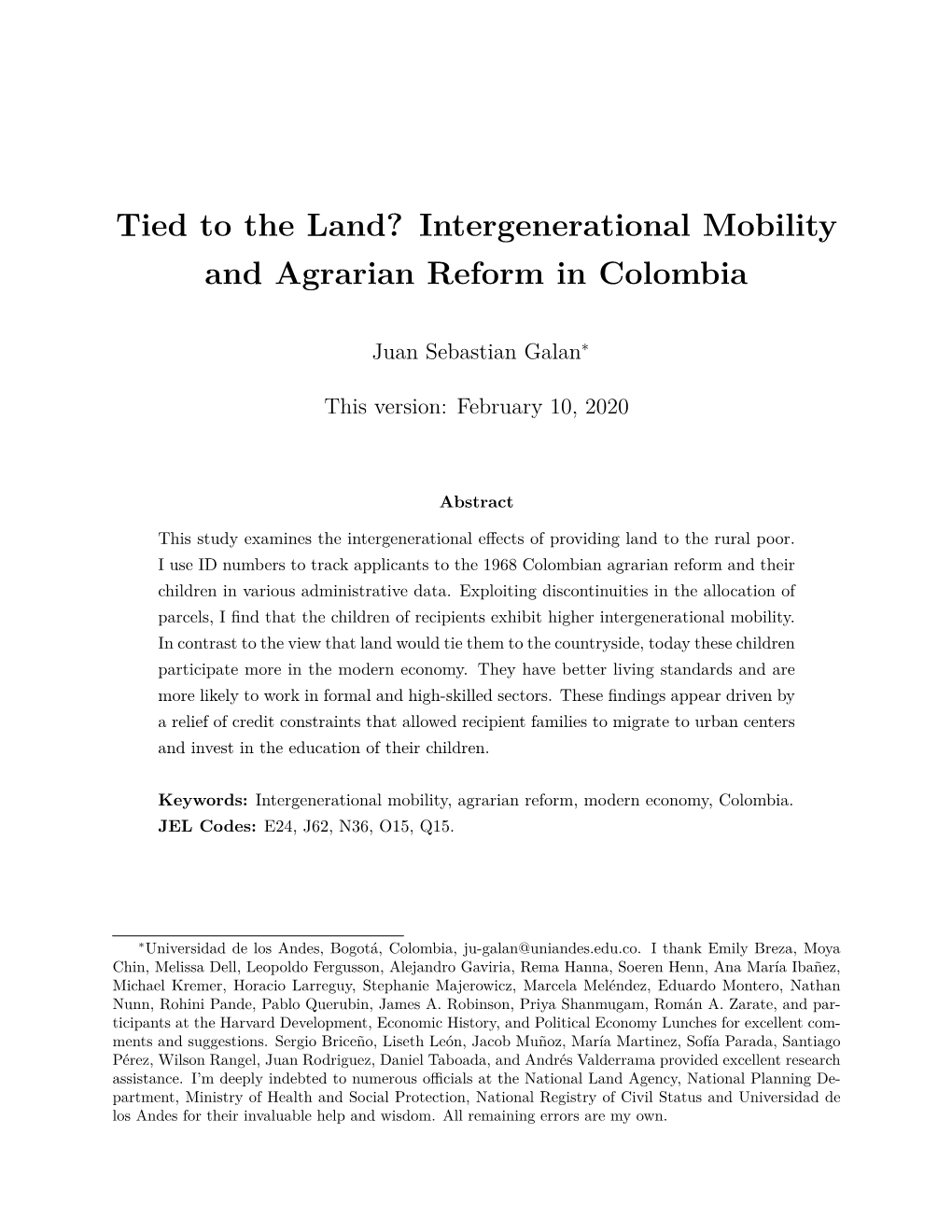 Intergenerational Mobility and Agrarian Reform in Colombia