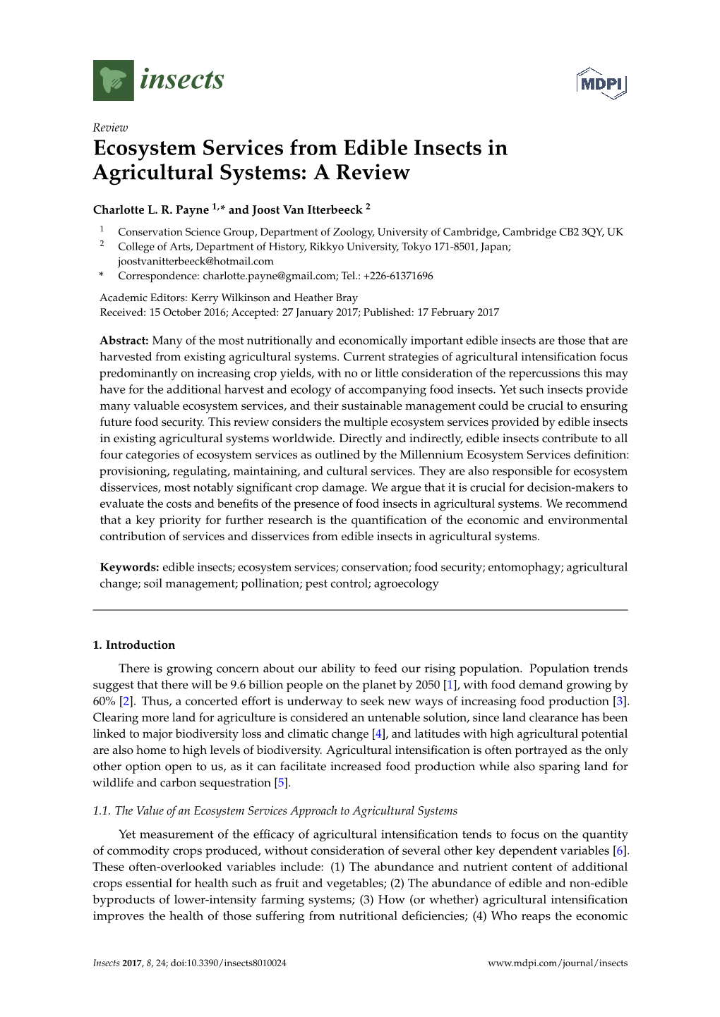 Ecosystem Services from Edible Insects in Agricultural Systems: a Review