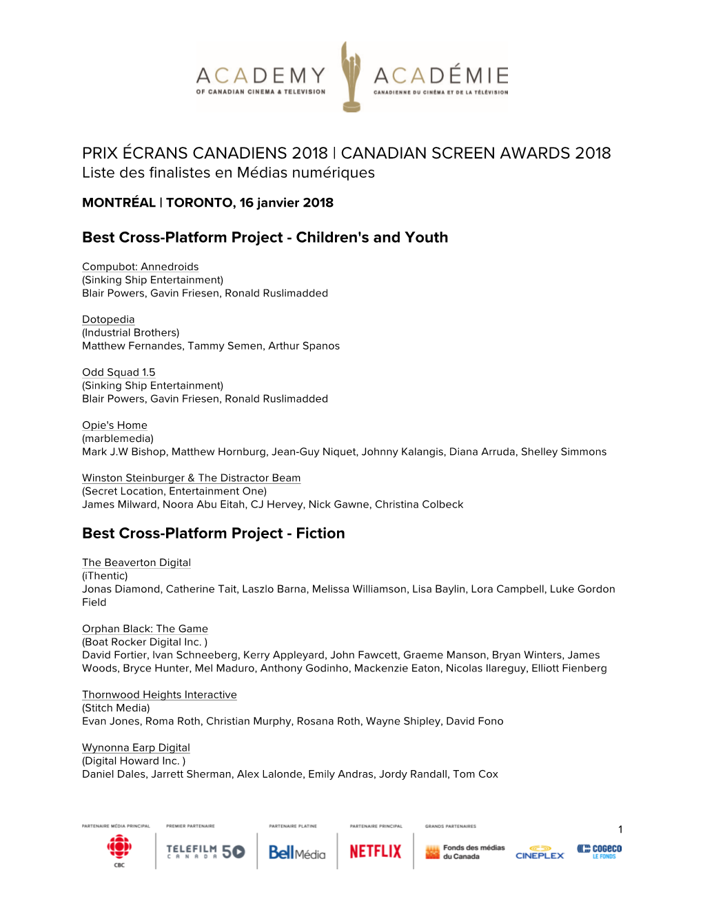 PRIX ÉCRANS CANADIENS 2018 | CANADIAN SCREEN AWARDS 2018 Liste Des Finalistes En Médias Numériques