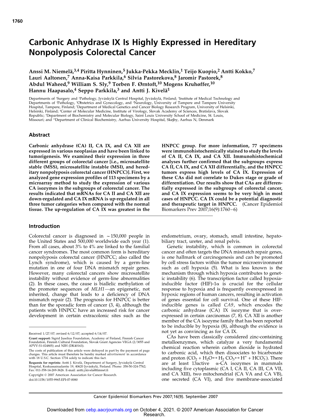 Carbonic Anhydrase IX Is Highly Expressed in Hereditary Nonpolyposis Colorectal Cancer