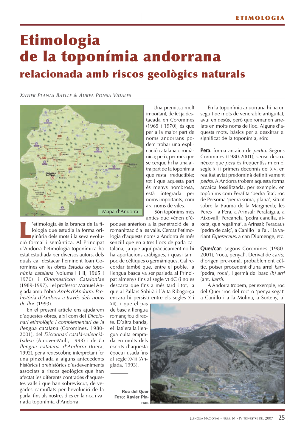 Etimologia De La Toponímia Andorrana Relacionada Amb Riscos Geològics Naturals