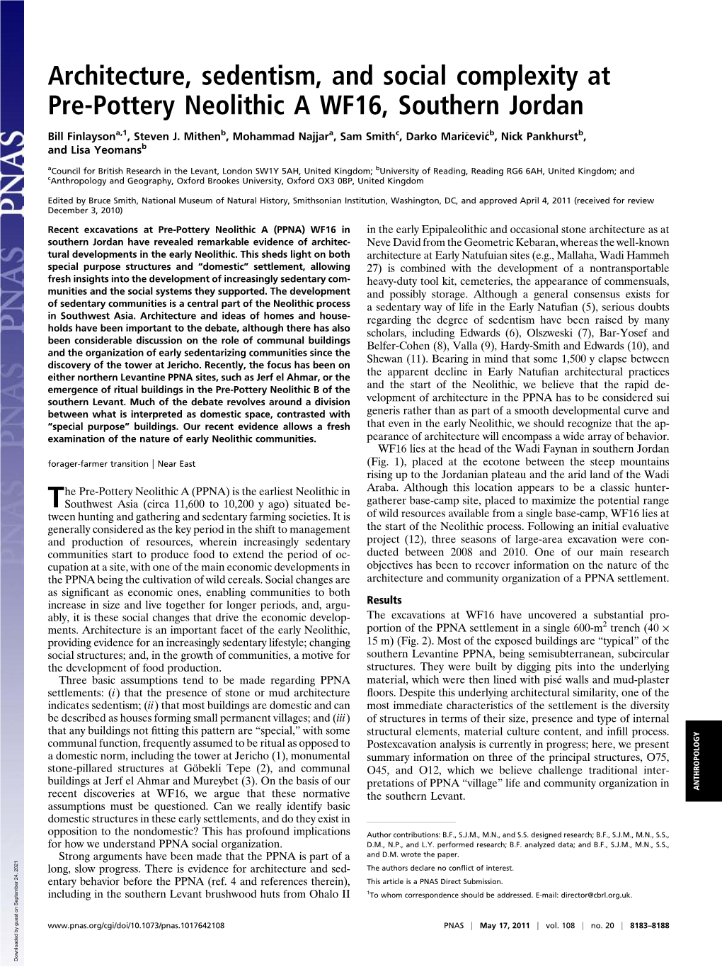 Architecture, Sedentism, and Social Complexity at Pre-Pottery Neolithic a WF16, Southern Jordan