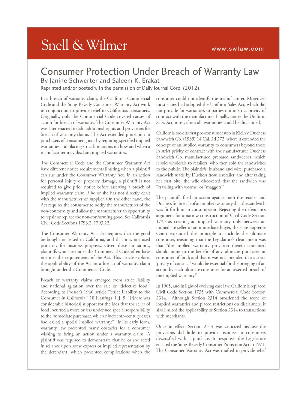 Consumer Protection Under Breach of Warranty Law by Janine Schwerter and Saleem K