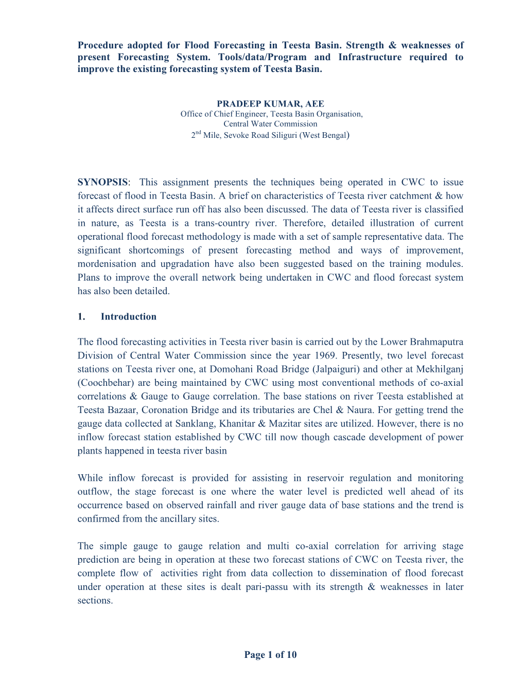 Page 1 of 10 Procedure Adopted for Flood Forecasting in Teesta Basin