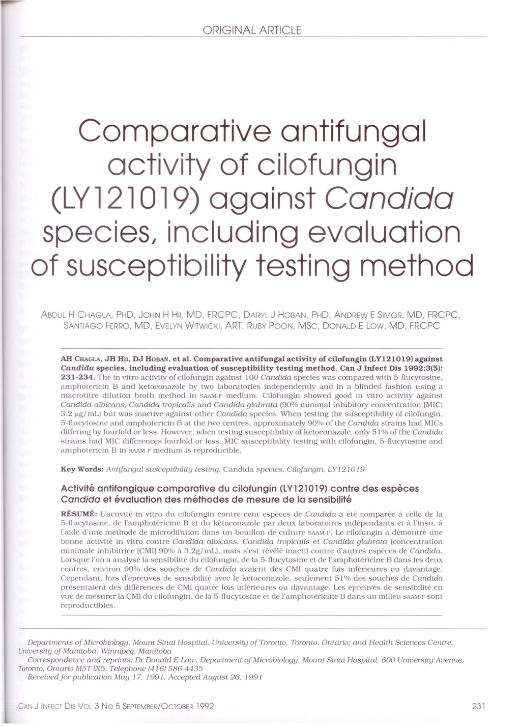 Comparative Antifungal Activity of Cilofungin (LV 121 0 19) Against Candida Species/ Including Evaluation of Susceptibility Testing Method