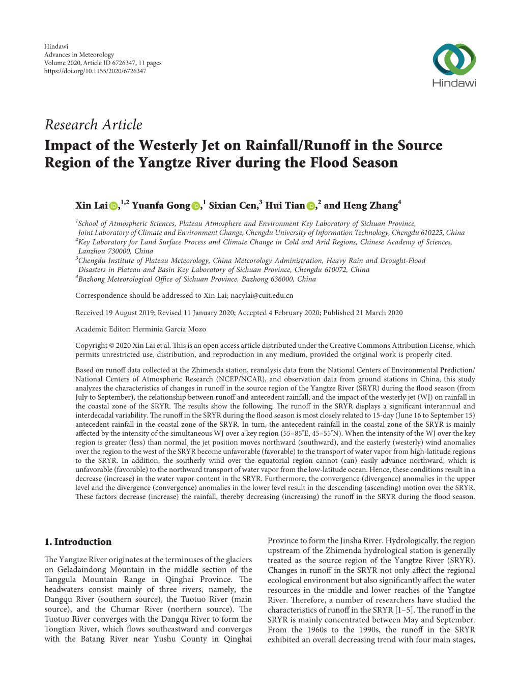 Research Article Impact of the Westerly Jet on Rainfall/Runoff in the Source Region of the Yangtze River During the Flood Season