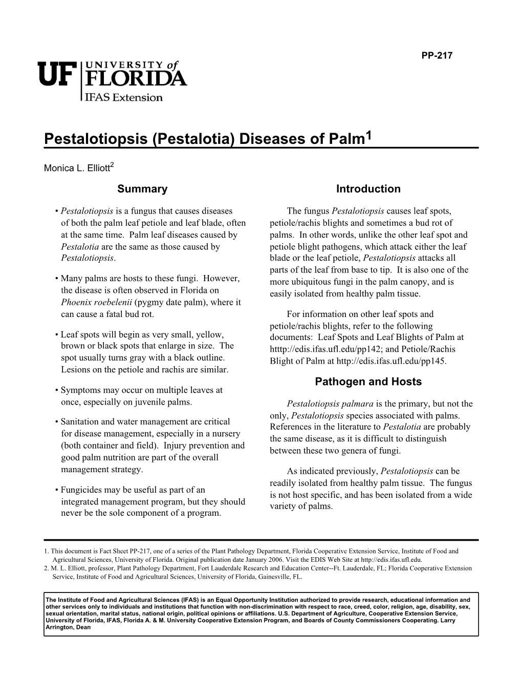 Pestalotiopsis (Pestalotia) Diseases of Palm1