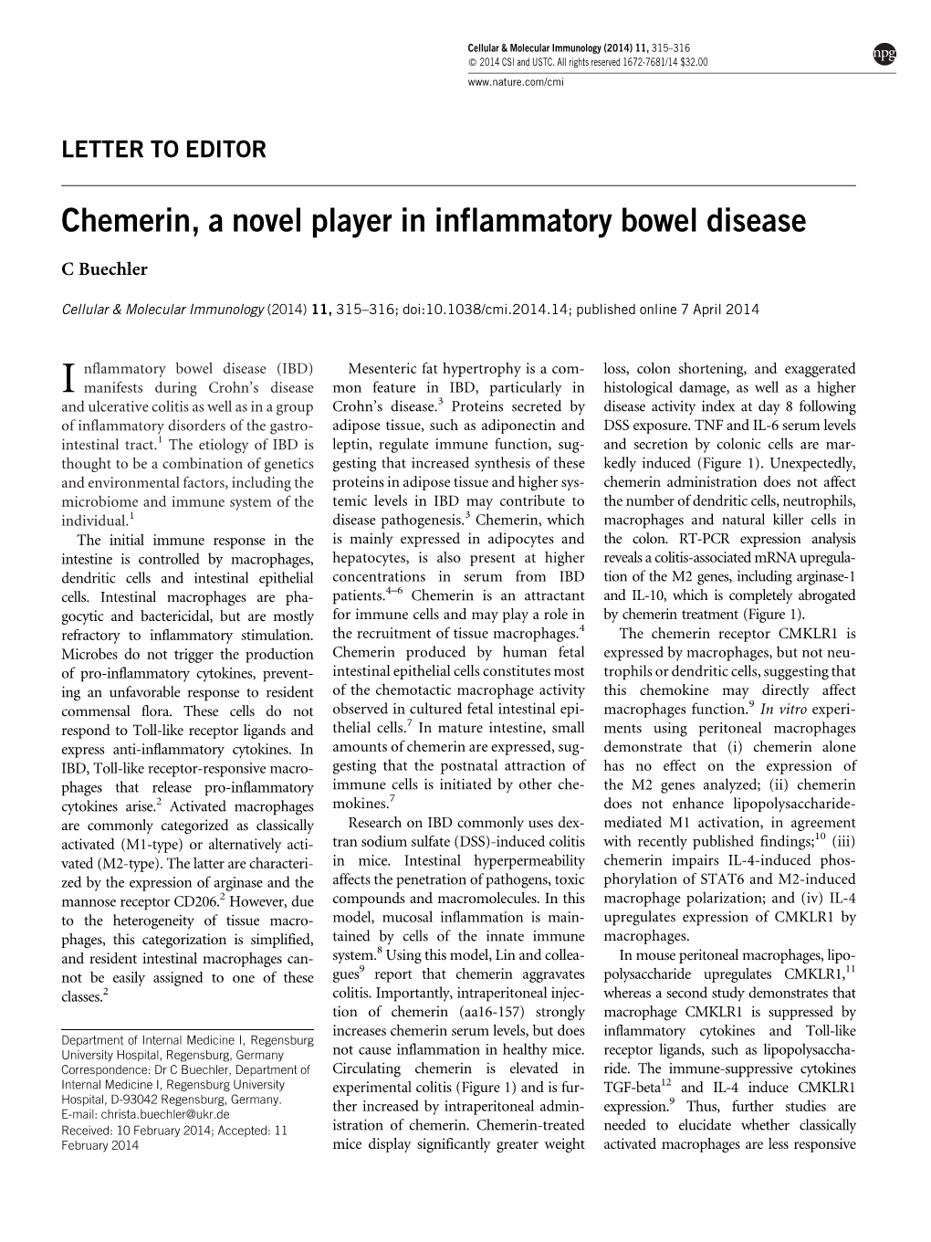 Chemerin, a Novel Player in Inflammatory Bowel Disease