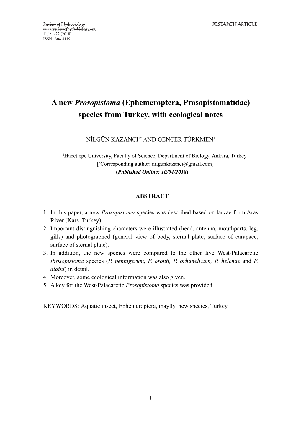 Ephemeroptera, Prosopistomatidae) Species from Turkey, with Ecological Notes