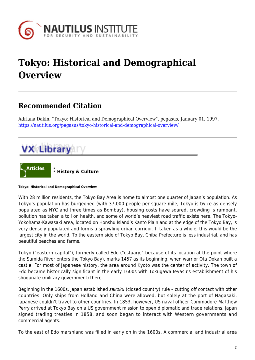 Tokyo: Historical and Demographical Overview