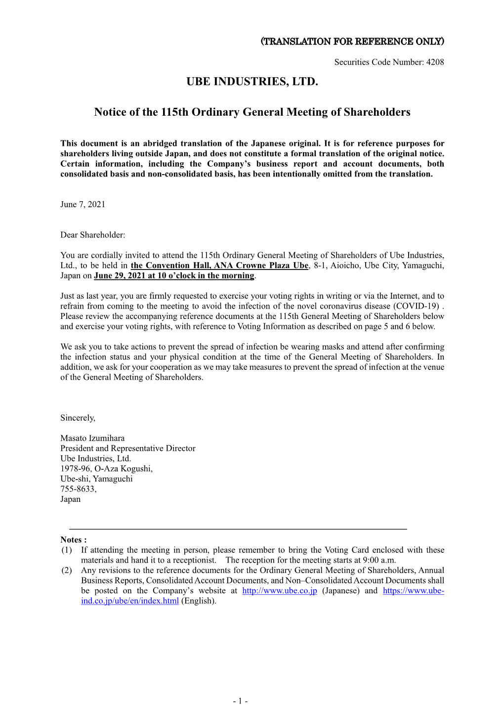 Notice of the 115Th Ordinary General Meeting of Shareholders