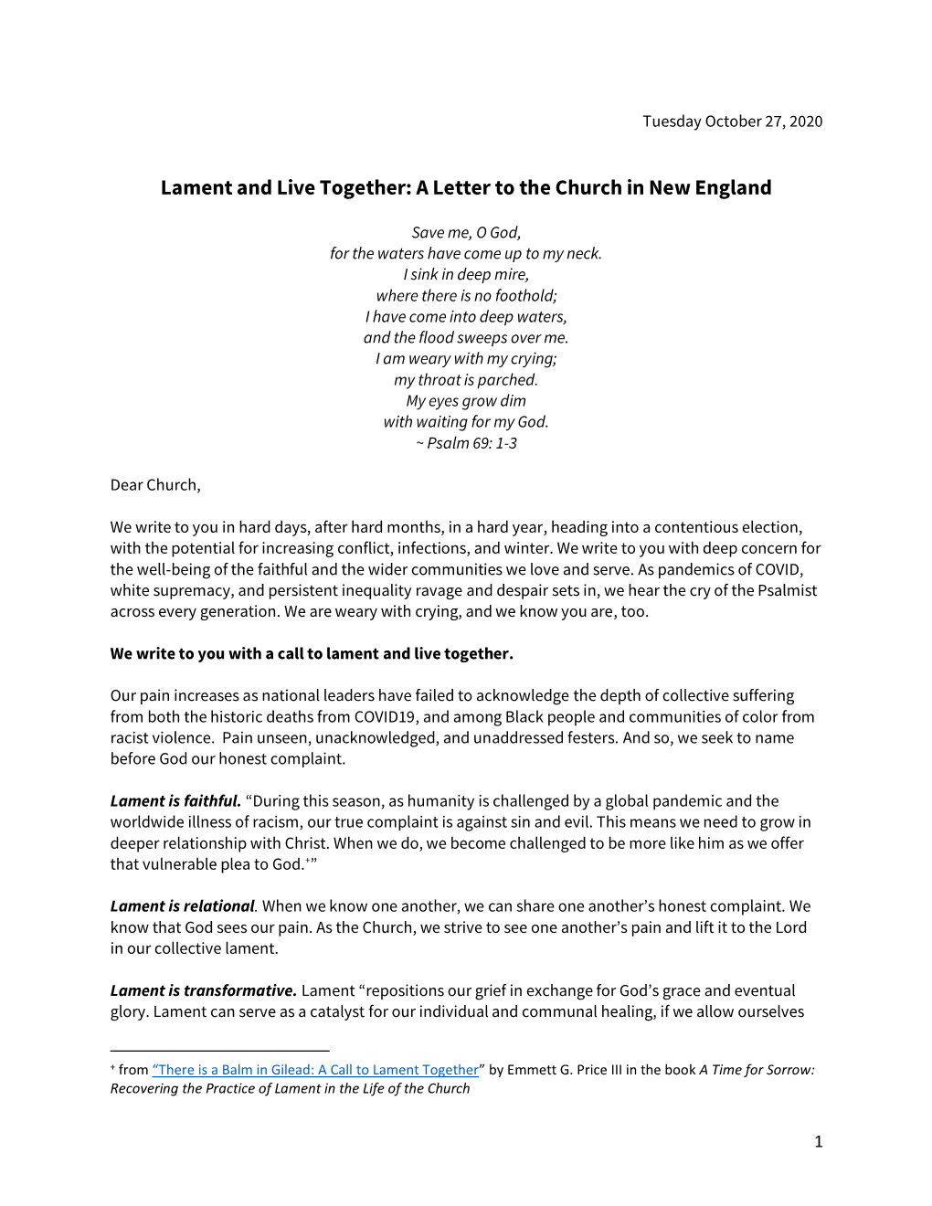 Lament and Live Together: a Letter to the Church in New England