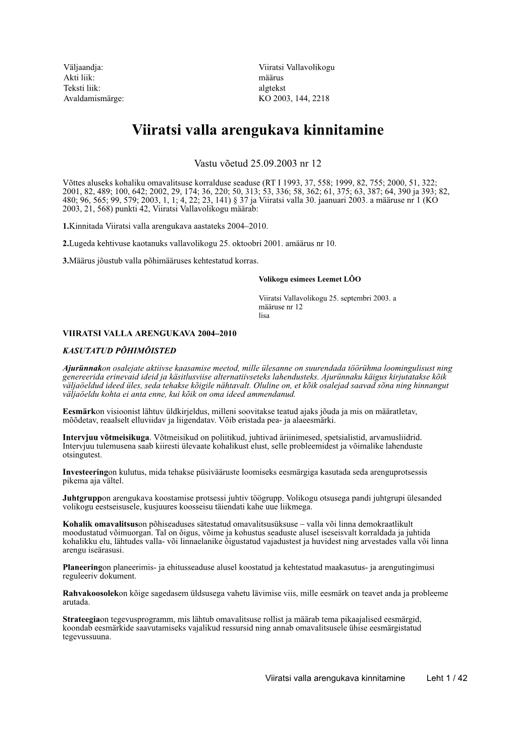 Viiratsi Valla Arengukava Kinnitamine