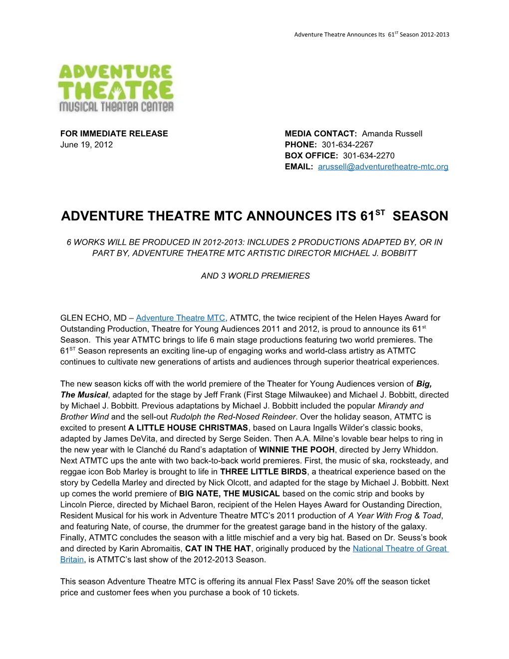 Adventure Theatre Announces Its 61ST Season 2012-2013