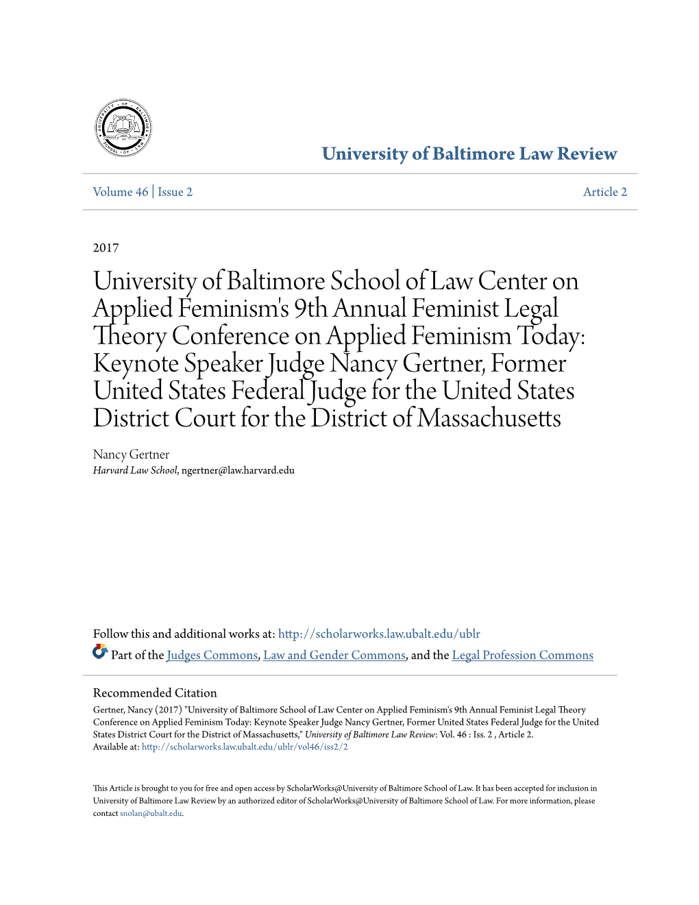 University of Baltimore School of Law Center on Applied Feminism's 9Th