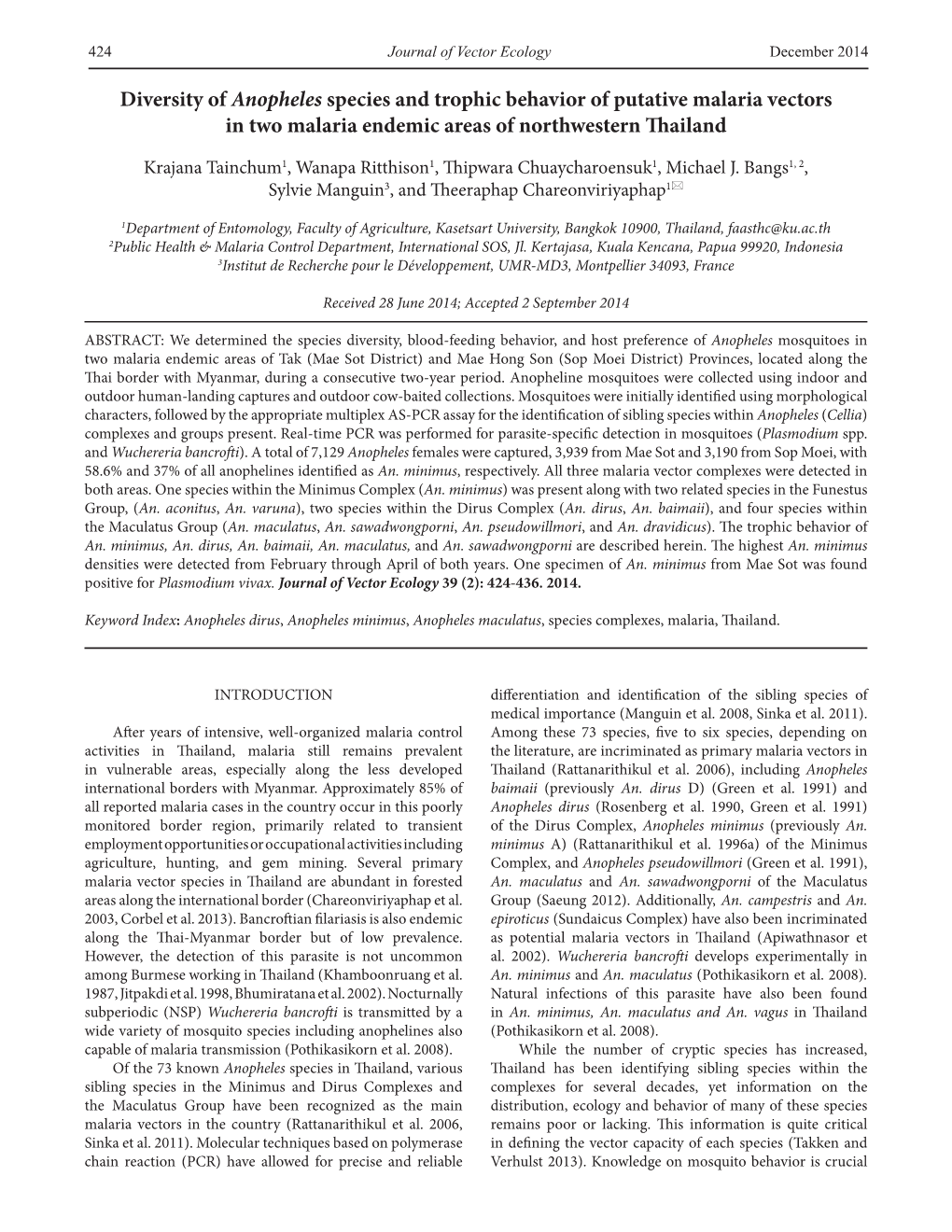 Diversity of Anopheles Species and Trophic Behavior of Putative Malaria Vectors in Two Malaria Endemic Areas of Northwestern Thailand