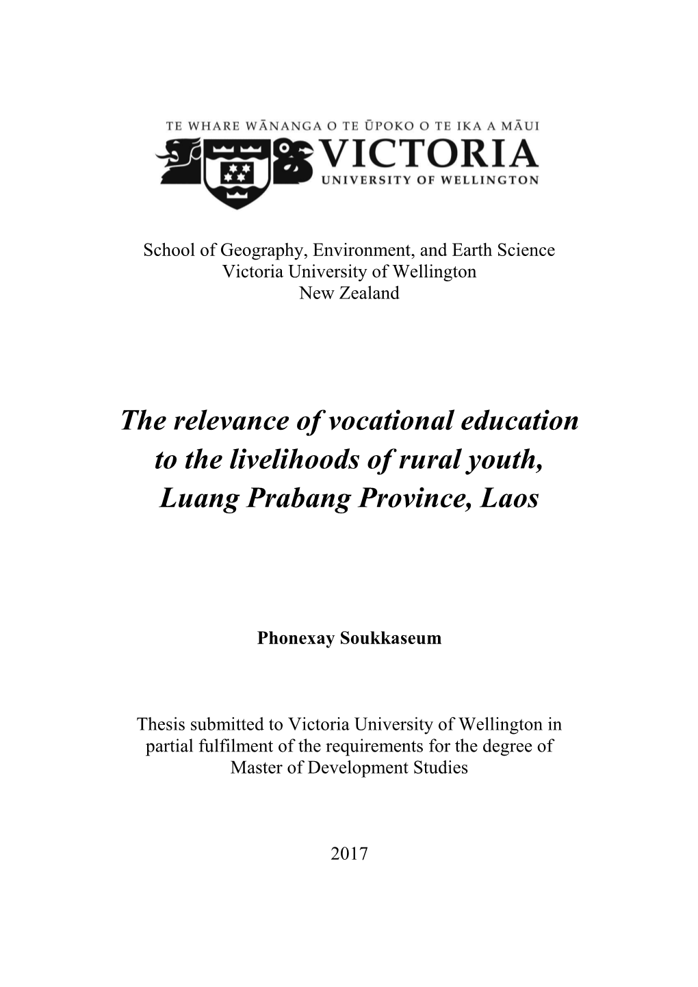 The Relevance of Vocational Education to the Livelihoods of Rural Youth, Luang Prabang Province, Laos