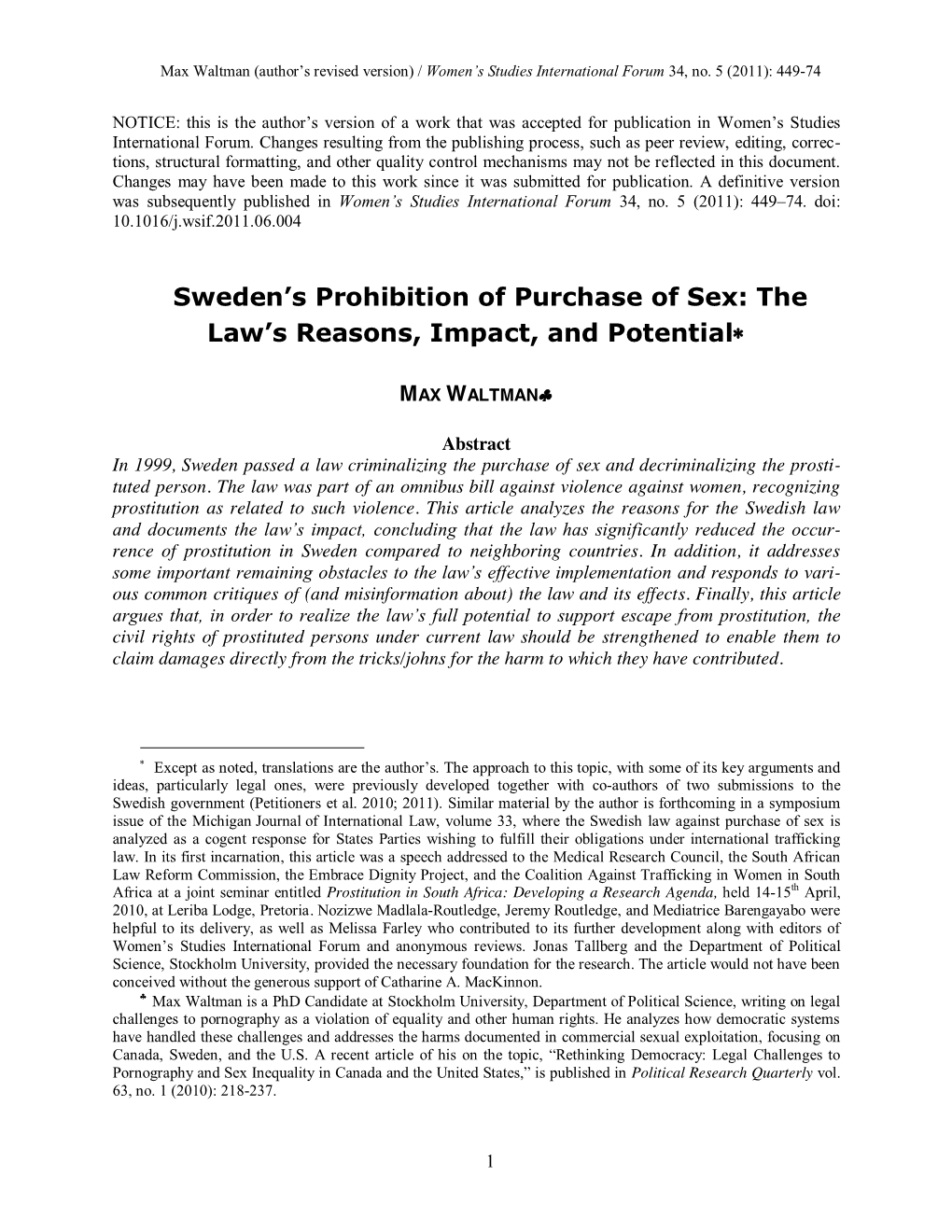 Sweden's Prohibition of Purchase of Sex- the Law's Reasons, Impact, And