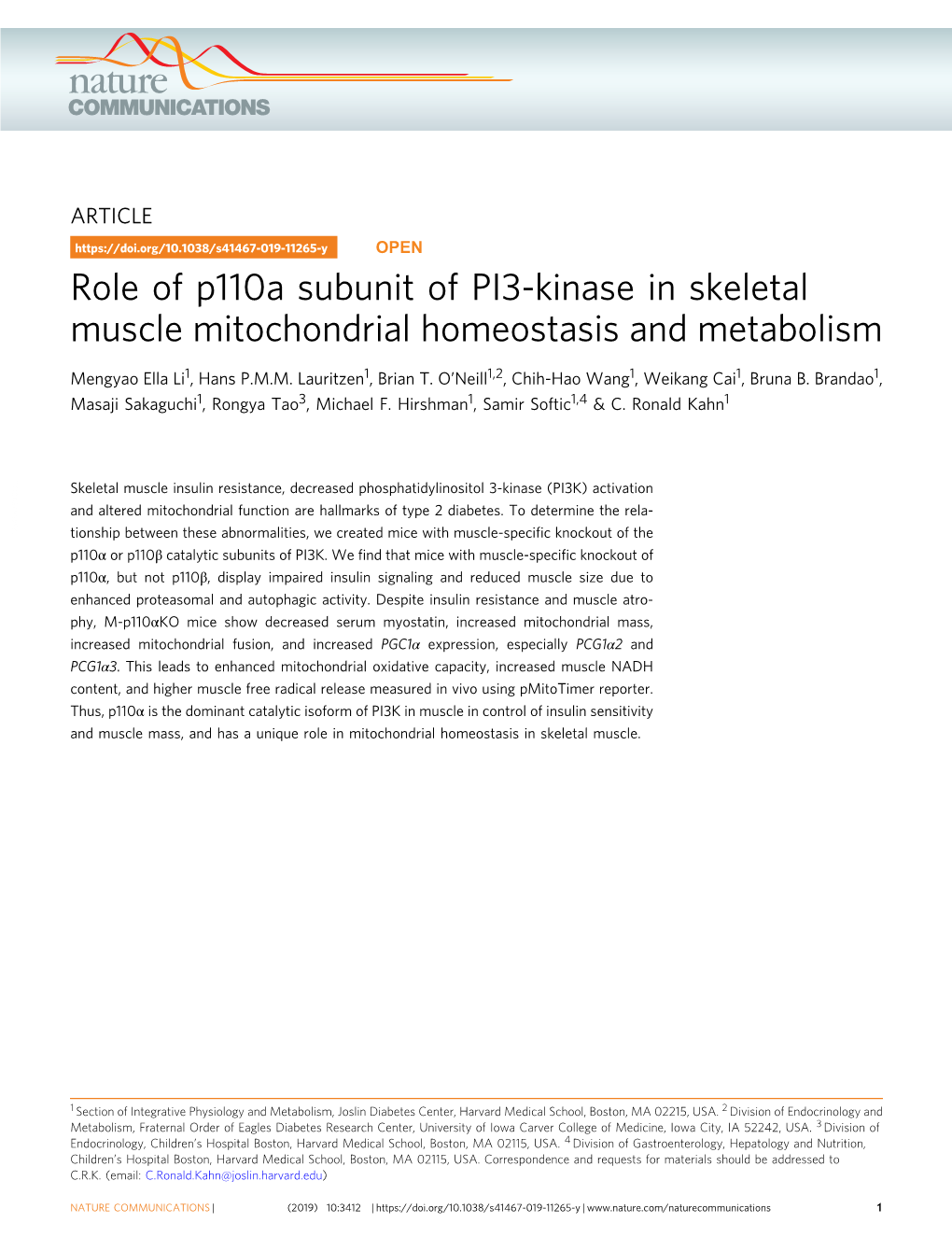 Role of P110a Subunit of PI3-Kinase in Skeletal Muscle Mitochondrial Homeostasis and Metabolism
