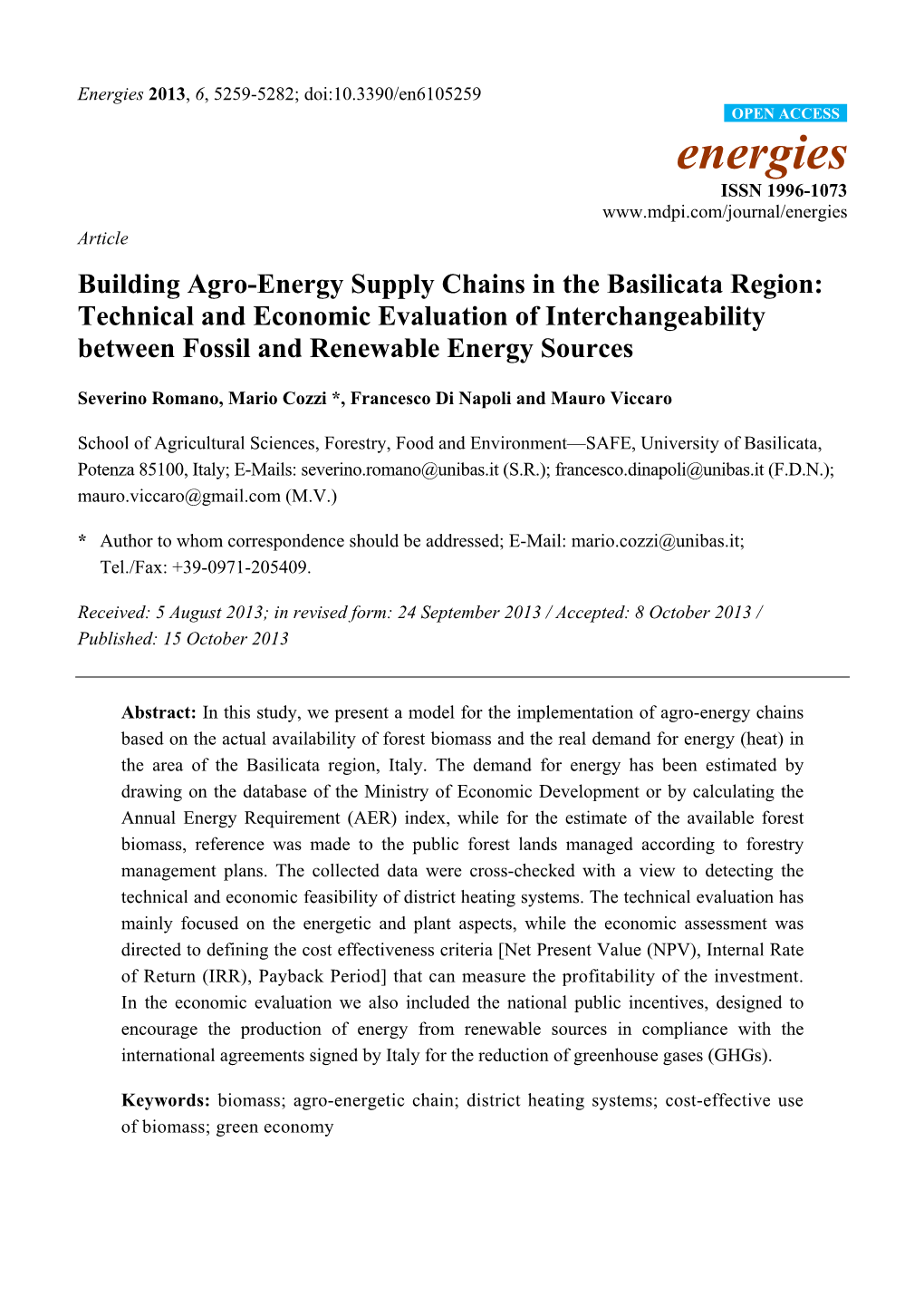 Building Agro-Energy Supply Chains in the Basilicata Region: Technical and Economic Evaluation of Interchangeability Between Fossil and Renewable Energy Sources