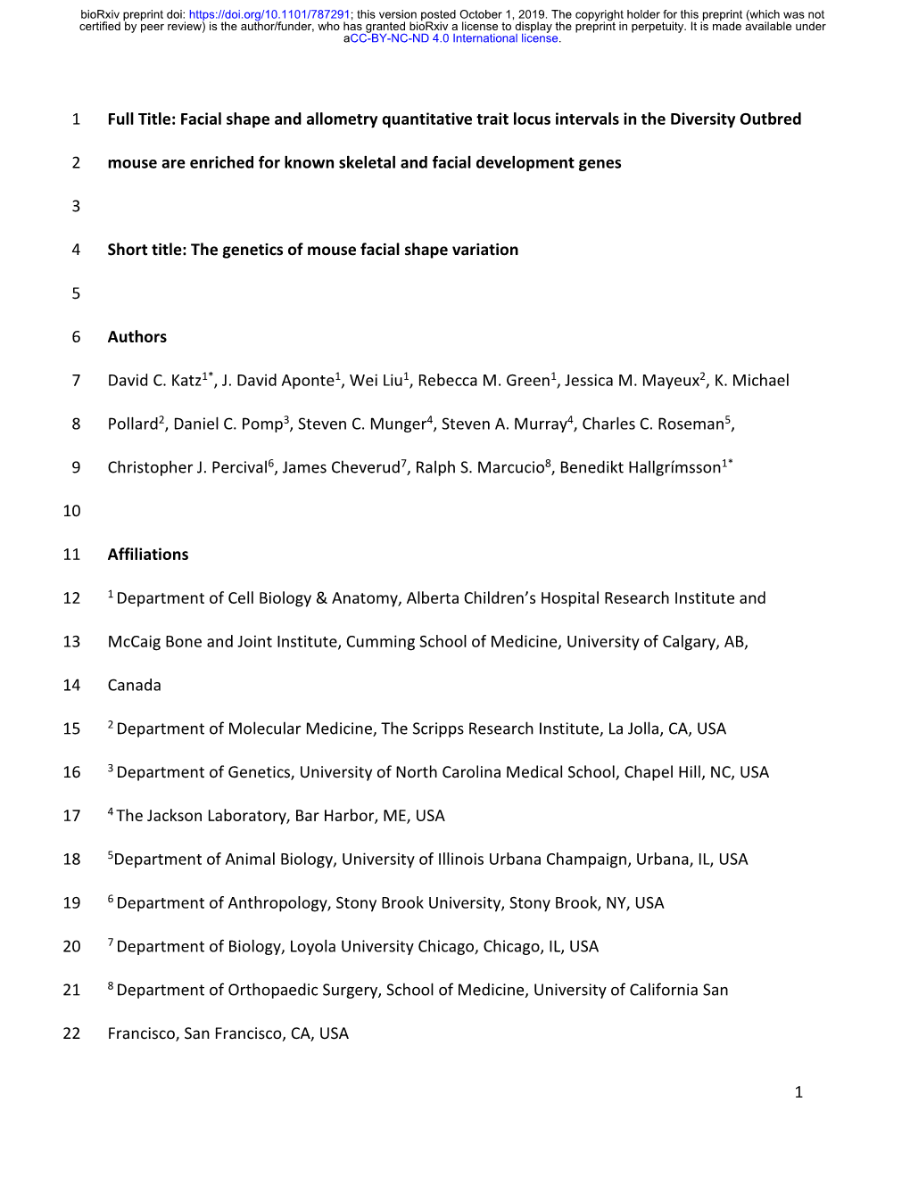 1 Full Title: Facial Shape and Allometry Quantitative Trait Locus Intervals in the Diversity Outbred