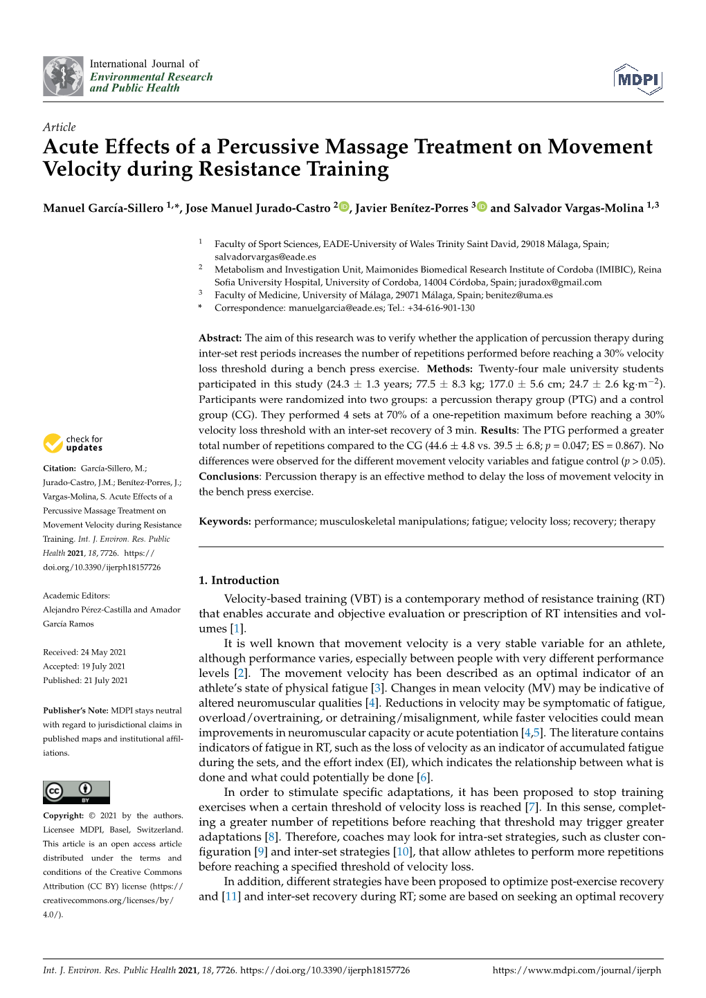 Acute Effects of a Percussive Massage Treatment on Movement Velocity During Resistance Training