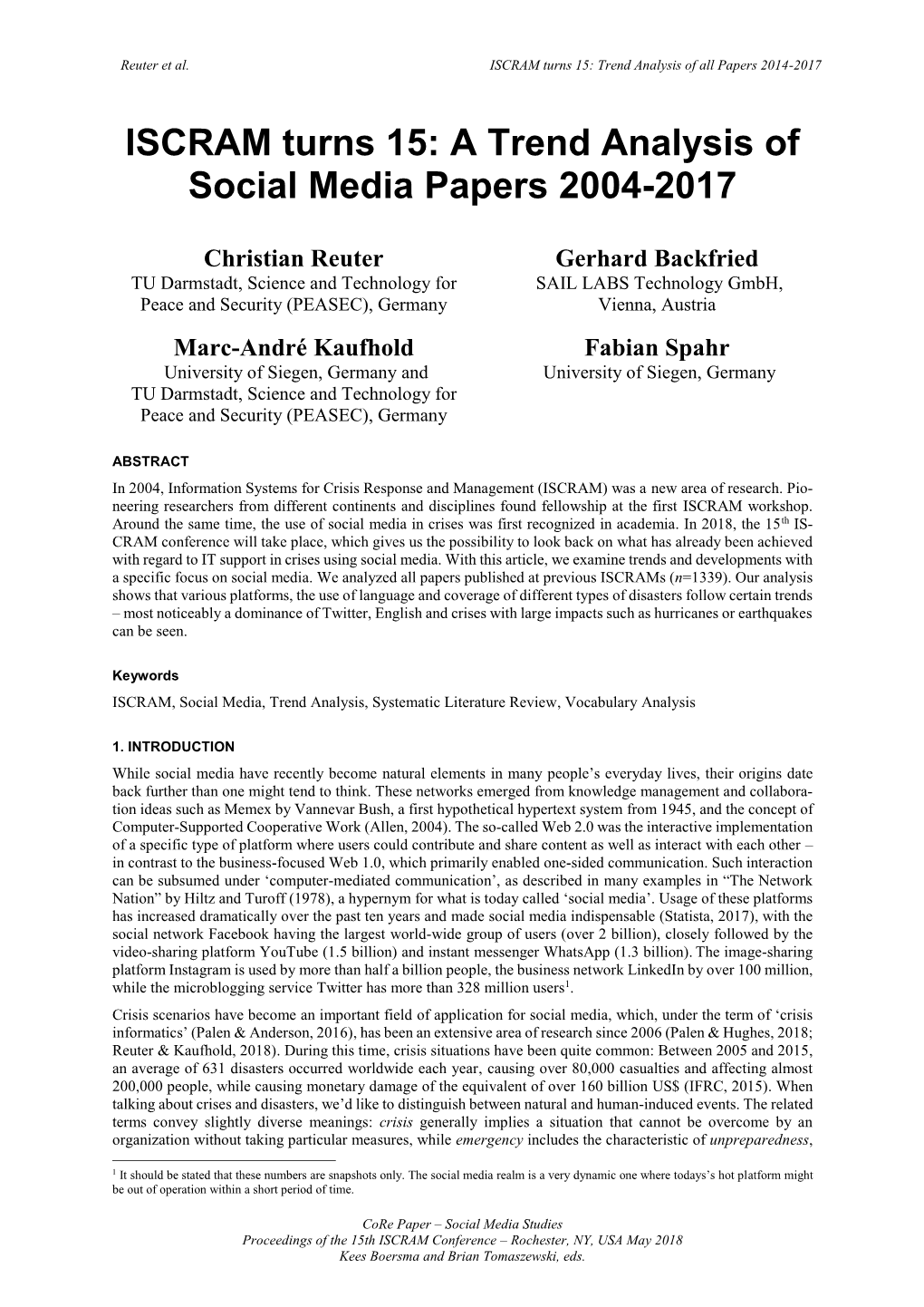 ISCRAM Turns 15: a Trend Analysis of Social Media Papers 2004-2017