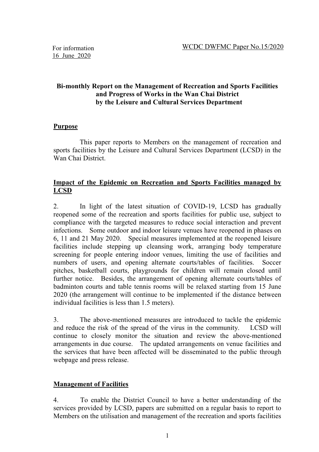 Bi-Monthly Report on the Management of Recreation And