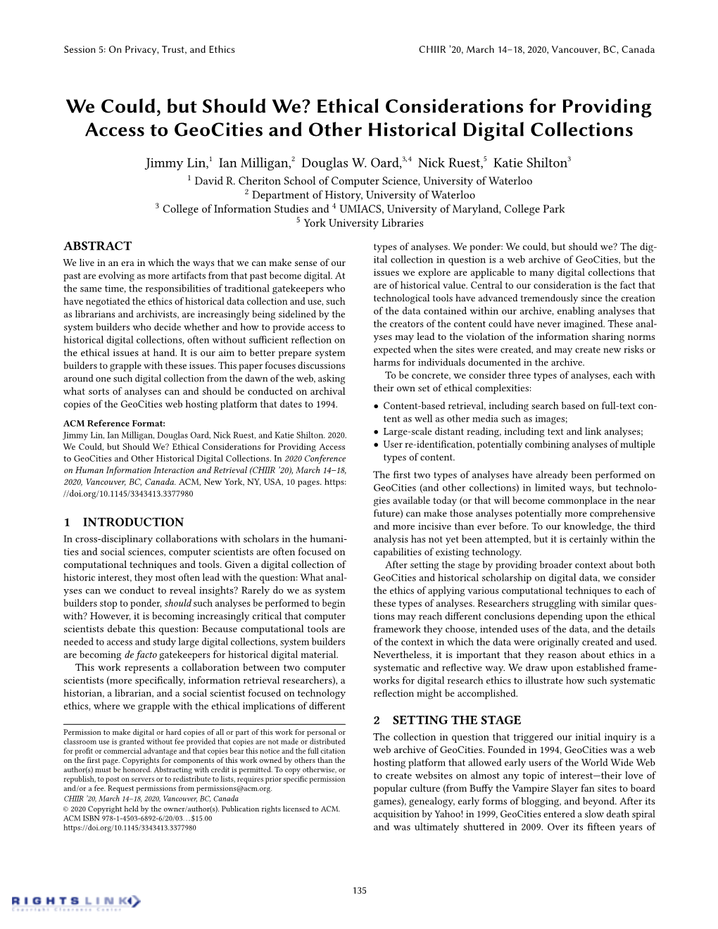 Ethical Considerations for Providing Access to Geocities and Other Historical Digital Collections