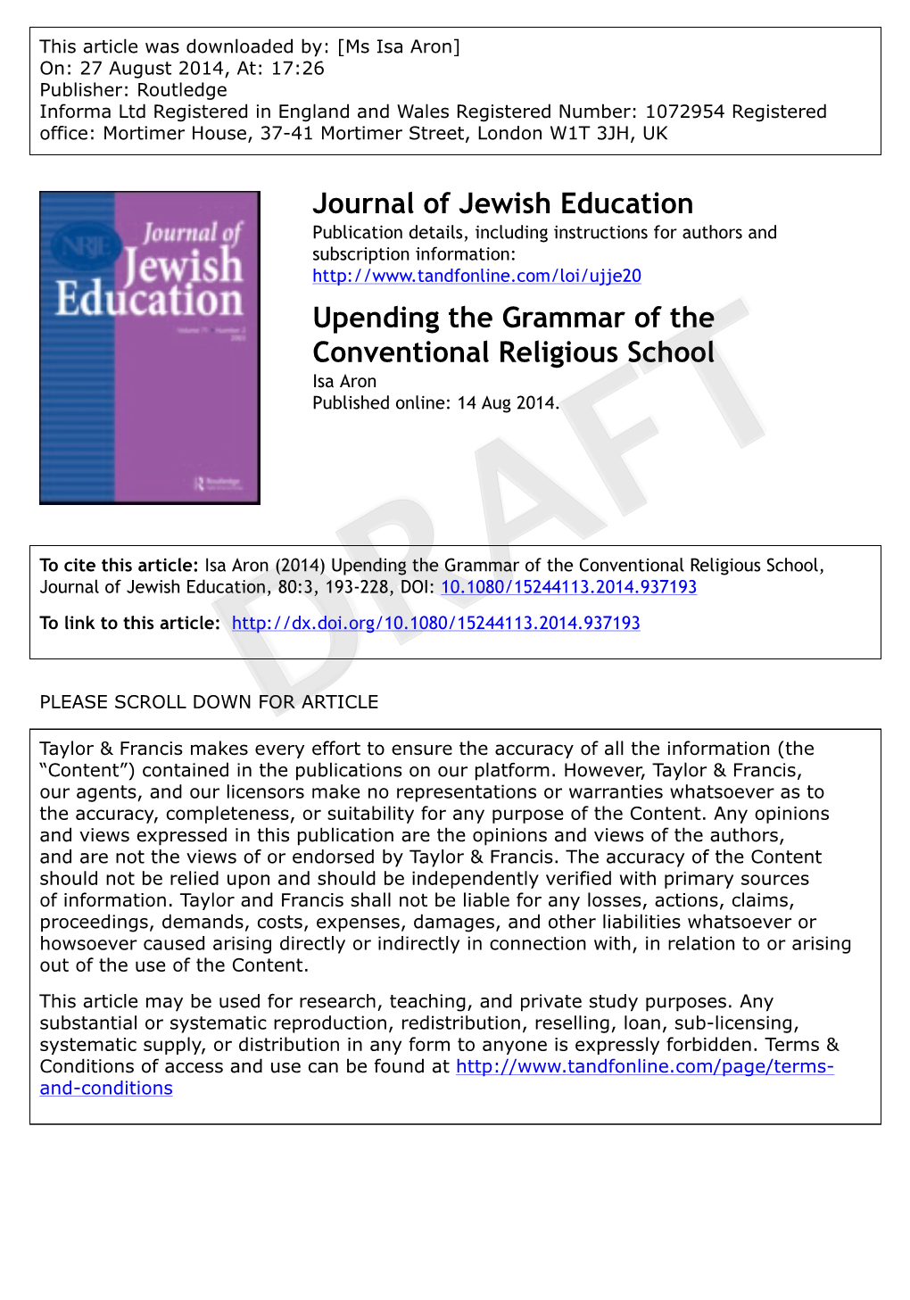 Journal of Jewish Education Upending the Grammar of The