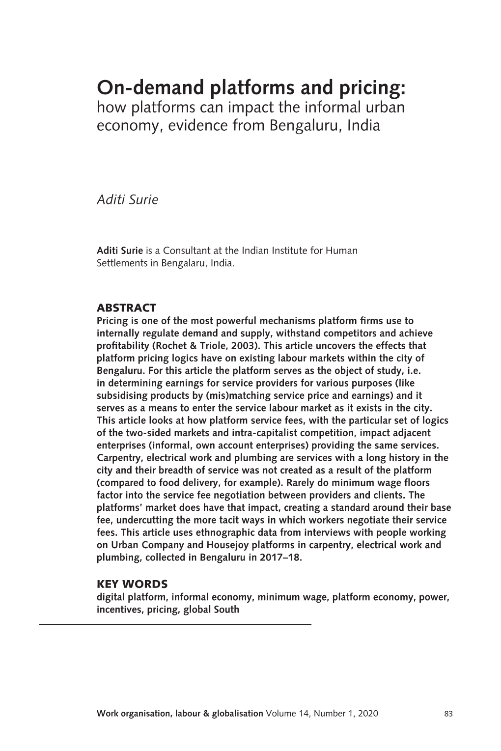 On-Demand Platforms and Pricing: How Platforms Can Impact the Informal Urban Economy, Evidence from Bengaluru, India