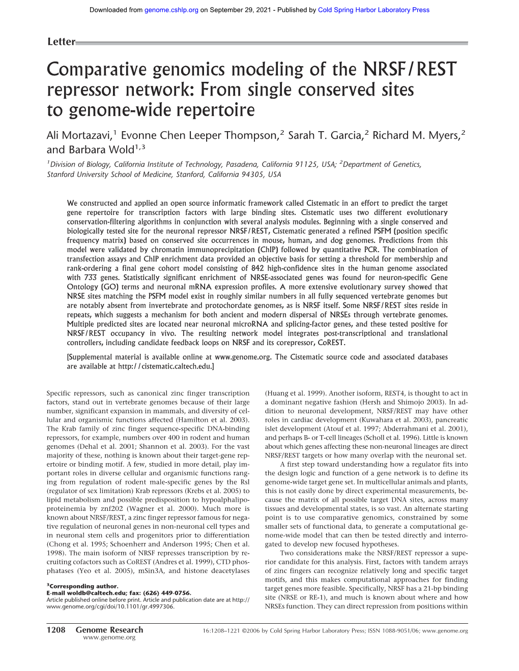 Comparative Genomics Modeling of the NRSF/REST Repressor Network: from Single Conserved Sites to Genome-Wide Repertoire