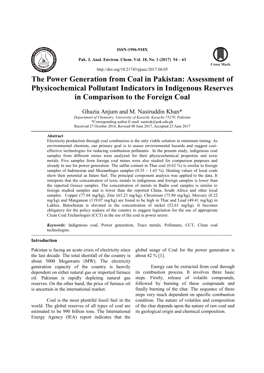 The Power Generation from Coal in Pakistan: Assessment of Physicochemical Pollutant Indicators in Indigenous Reserves in Comparison to the Foreign Coal